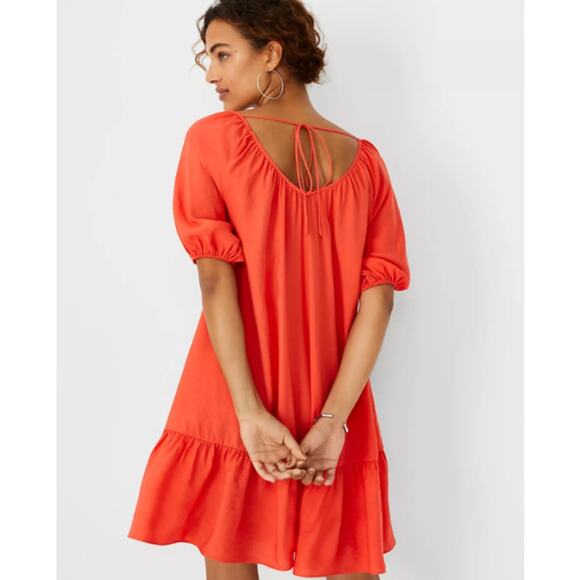 Ann Taylor Women's Flowy Puff Sleeve Tie Back Tiered Mini Dress Size XL Orange - Picture 1 of 8